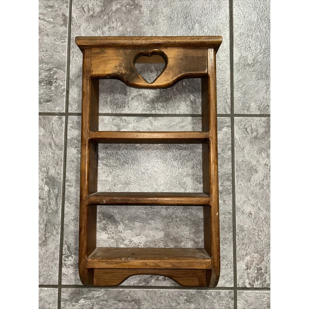 Vintage Wooden Three Tiered Wall Shelf‎ Heart Cutout Handmade Country Decor